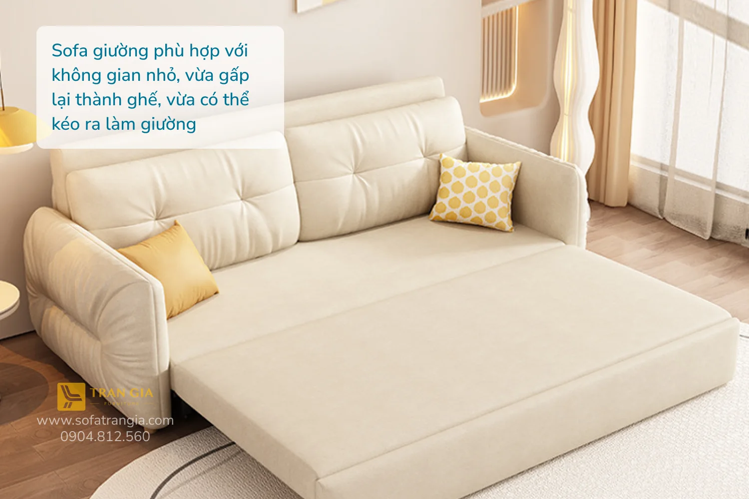 Sofa giường phù hợp với không gian nhỏ, vừa gấp lại thành ghế, vừa có thể kéo ra làm giường