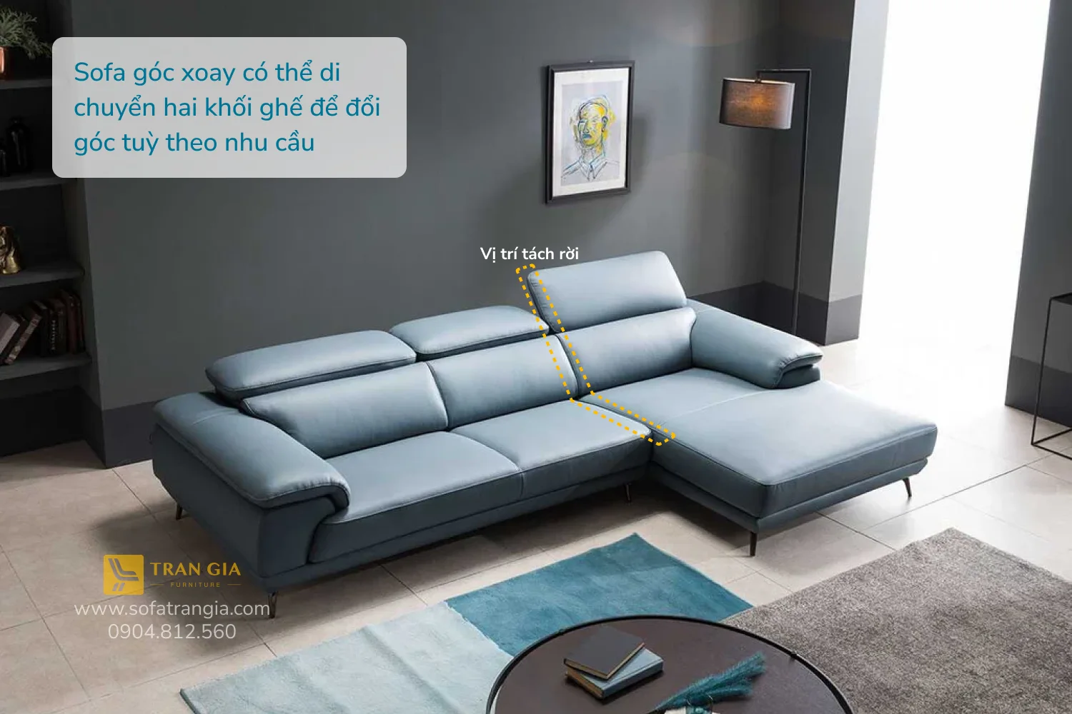 Sofa góc xoay có thể di chuyển hai khối ghế để đổi góc tuỳ theo nhu cầu