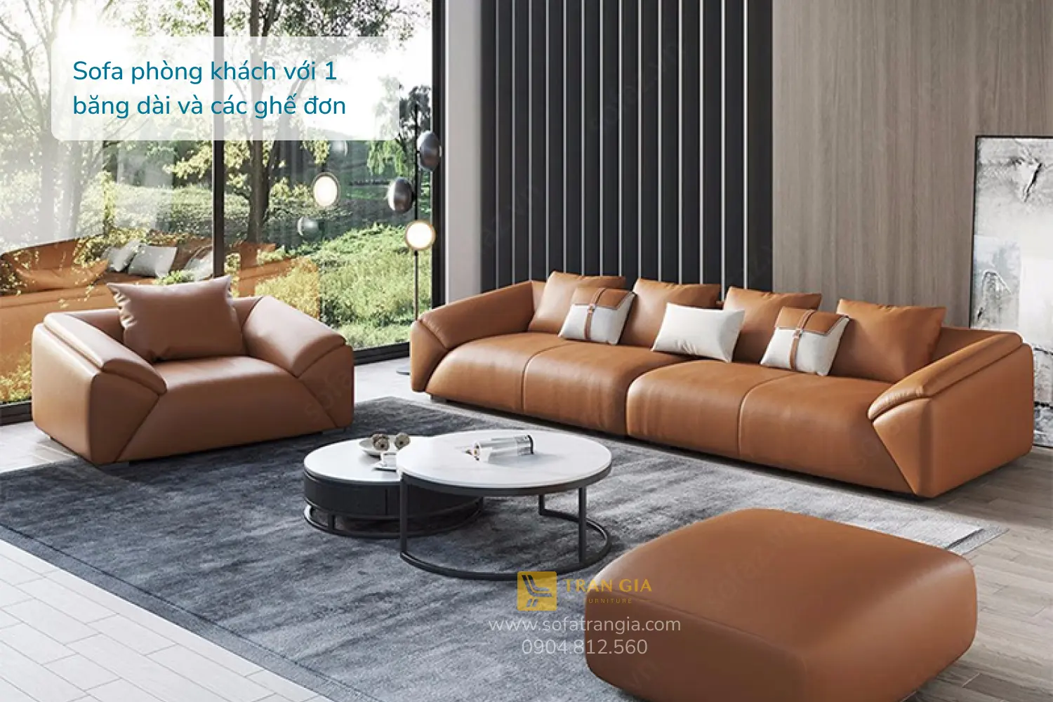 Sofa phòng khách với 1 băng dài và các ghế đơn